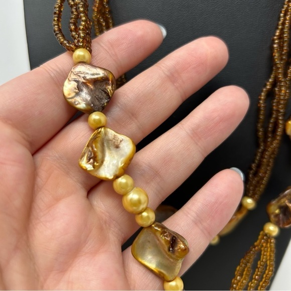 Yellow Amber Color Dyed Mother of Pearl Shell Layered Necklace Seed Beads 22.5" - Picture 6 of 10